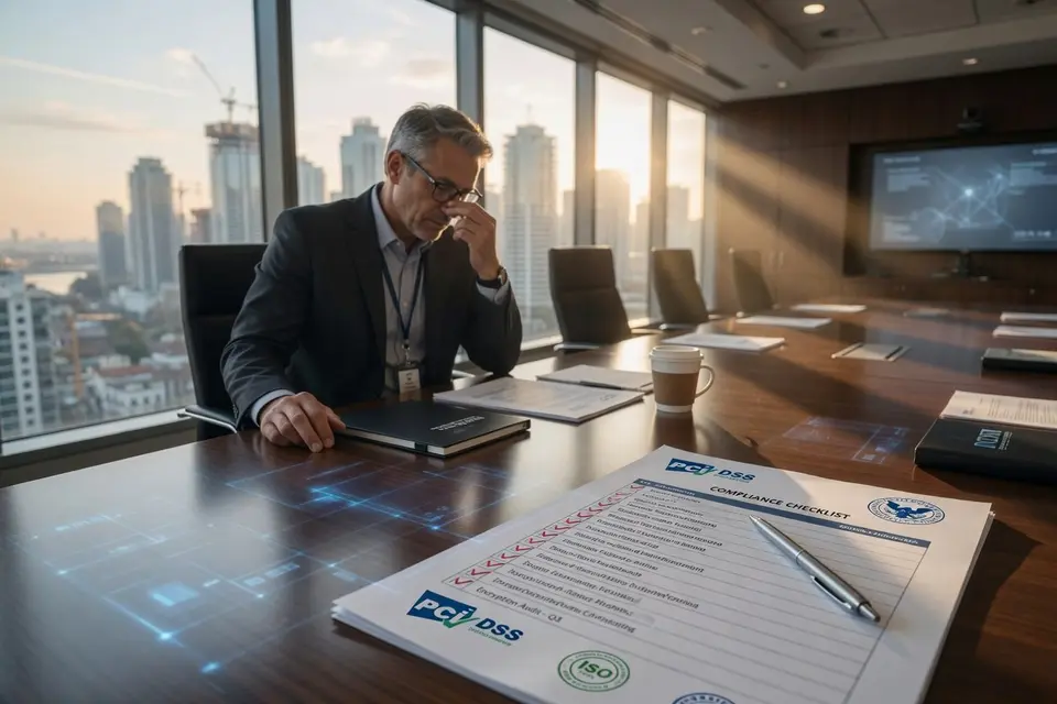 Executive reviewing a PCI DSS compliance checklist at a boardroom table overlooking the city