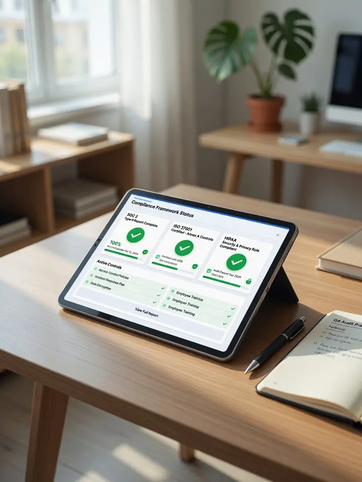 Tablet on a desk showing a compliance dashboard with SOC 2, ISO 27001, and HIPAA controls marked complete