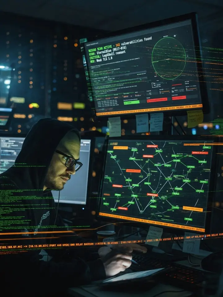 Security specialist working across multiple monitors displaying live vulnerability scans and network maps