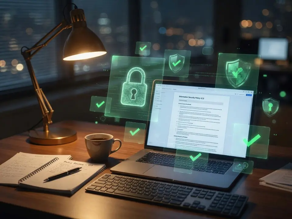 Desk at night with a laptop displaying an information security policy surrounded by holographic verification checkmarks