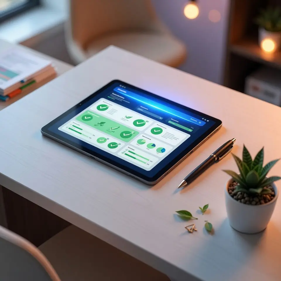 Tablet on a bright desk showing a security assessment report with completed checks and charts