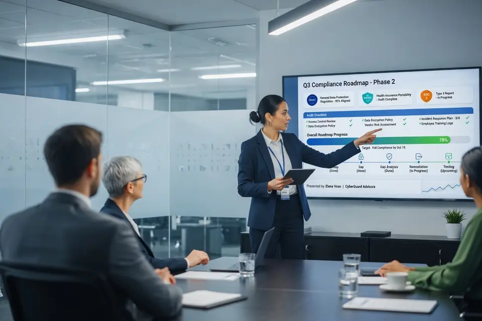 Consultant presenting a quarterly compliance roadmap on a large screen to a leadership team