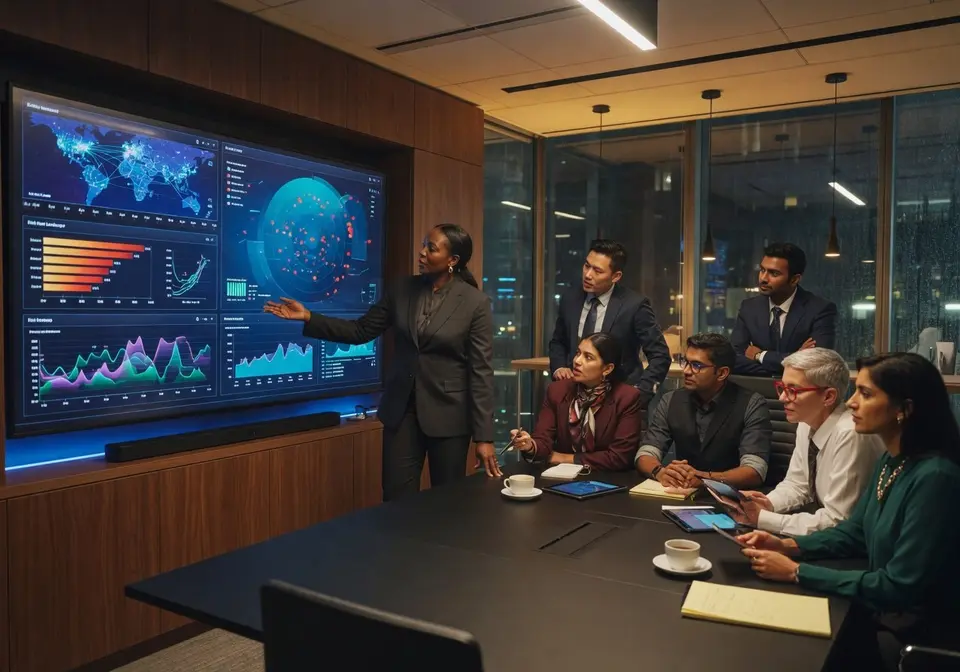 Security consultant briefing an executive team on live threat dashboards in a boardroom at night