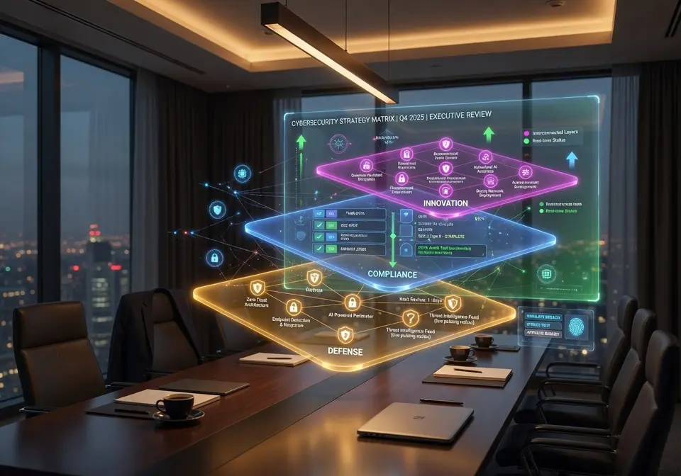 Boardroom with a holographic cybersecurity strategy matrix layering defense, compliance, and innovation