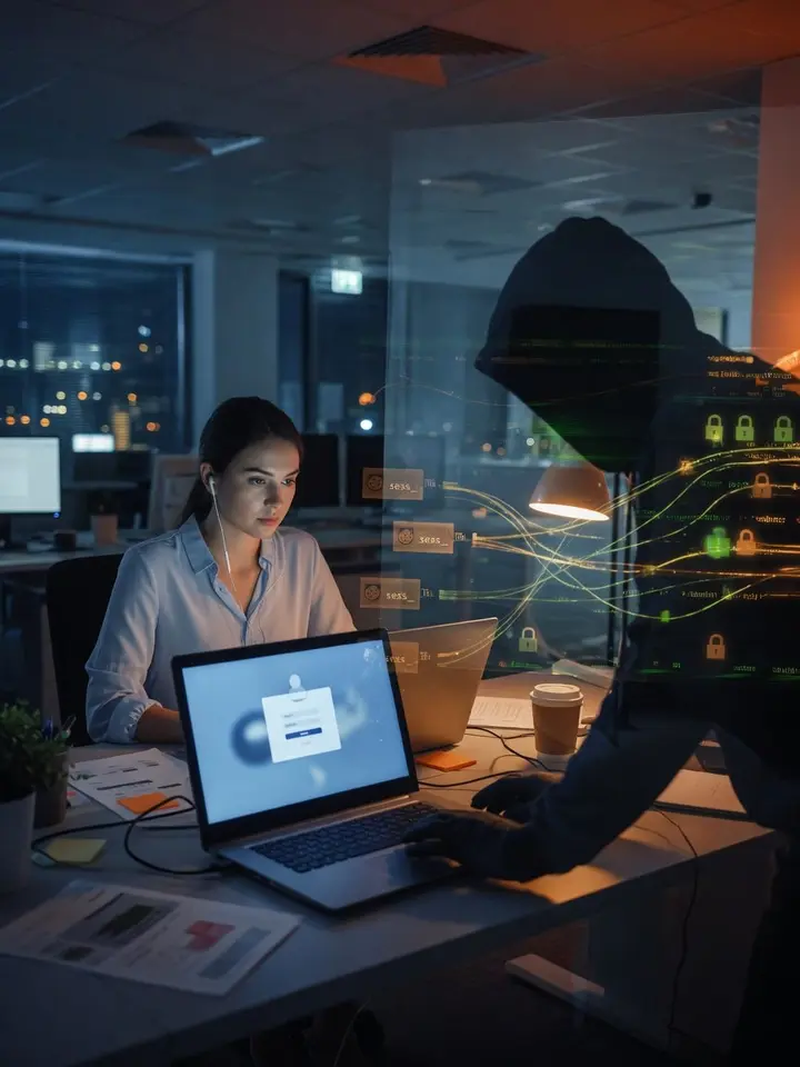 Employee working at a laptop while the silhouette of a hooded attacker looms in the office glass