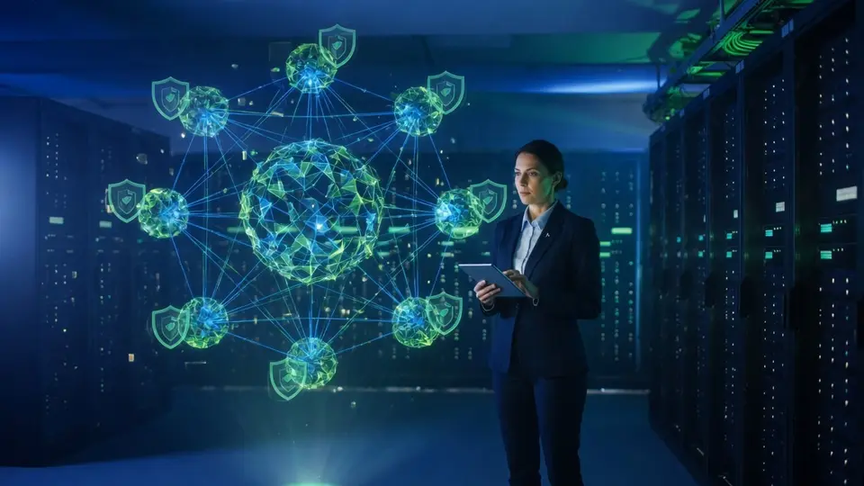 Consultant in a data center reviewing a holographic visualization of an interconnected zero trust network